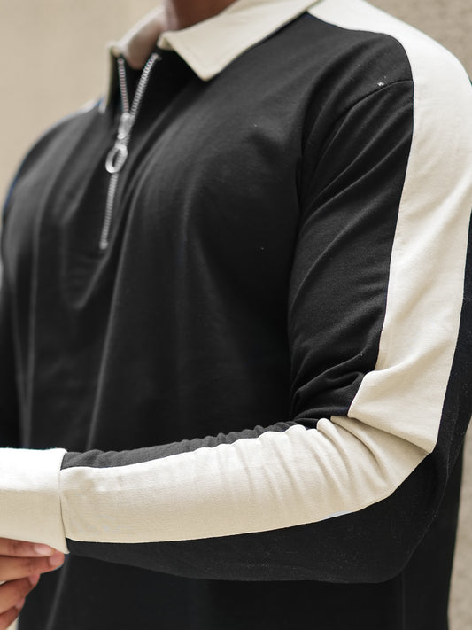 Sleeve CutPanel Black Full Sleeve Polo T-Shirt