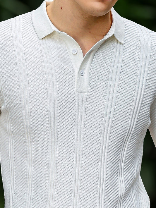 Fusion Knit White Full Sleeve Polo T-Shirt