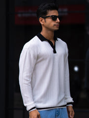 FlatKnit Wave White Full Sleeve Polo T-Shirt