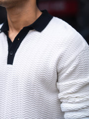 FlatKnit Wave White Full Sleeve Polo T-Shirt