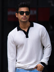 FlatKnit Wave White Full Sleeve Polo T-Shirt