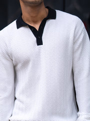 FlatKnit Wave White Full Sleeve Polo T-Shirt