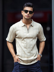 Drop Needle Beige Flatknit Half Sleeve Polo T-Shirt