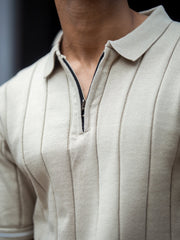 Drop Needle Beige Flatknit Half Sleeve Polo T-Shirt