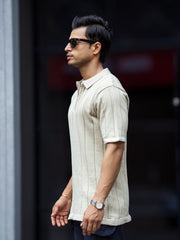 Drop Needle Beige Flatknit Half Sleeve Polo T-Shirt