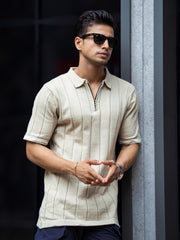 Drop Needle Beige Flatknit Half Sleeve Polo T-Shirt