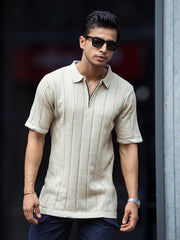 Drop Needle Beige Flatknit Half Sleeve Polo T-Shirt