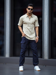 Drop Needle Beige Flatknit Half Sleeve Polo T-Shirt