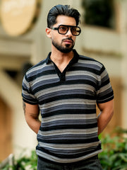 Parallel Flatknit Black Grey Half Sleeve Polo T-Shirt