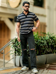 Parallel Flatknit Black Grey Half Sleeve Polo T-Shirt