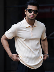 Drop Knit Cream Polo Half Sleeve T-Shirt