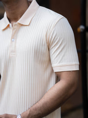 Drop Knit Cream Polo Half Sleeve T-Shirt