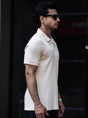 Drop Knit Cream Polo Half Sleeve T-Shirt
