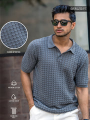 Cable Flatknit Dark Grey Half Sleeve Polo T-Shirt