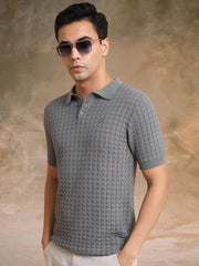 Cable Flatknit Dark Grey Half Sleeve Polo T-Shirt