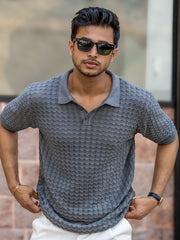 Cable Flatknit Dark Grey Half Sleeve Polo T-Shirt