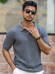 Cable Flatknit Dark Grey Half Sleeve Polo T-Shirt
