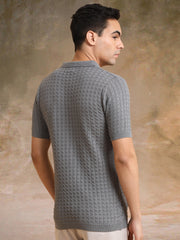Cable Flatknit Dark Grey Half Sleeve Polo T-Shirt