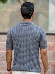 Cable Flatknit Dark Grey Half Sleeve Polo T-Shirt