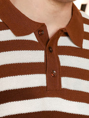 Retro Stripe Brown FlatKnit Half Sleeve Polo T-Shirt
