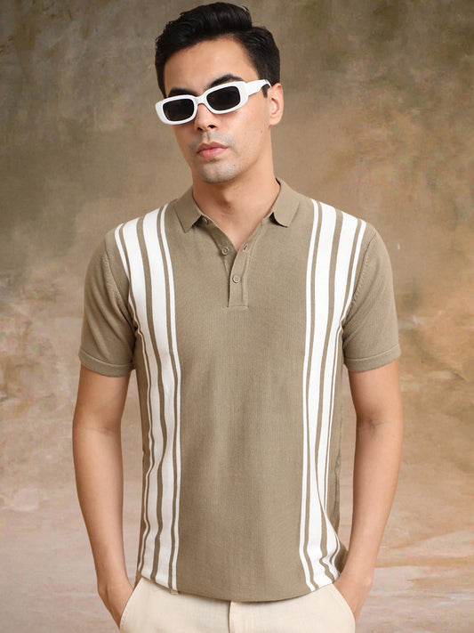 Vertical Stripe Green Flatknit Half Sleeve Polo T-Shirt