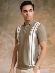 Vertical Stripe Green Flatknit Half Sleeve Polo T-Shirt