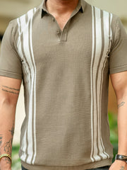 Vertical Stripe Green Flatknit Half Sleeve Polo T-Shirt