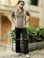 Vertical Stripe Green Flatknit Half Sleeve Polo T-Shirt