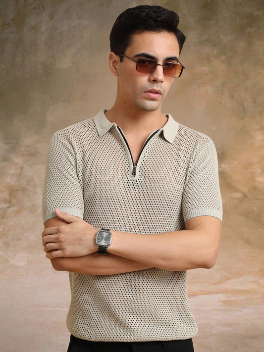 Resort Beige Flatknit Half Sleeve Polo T-Shirt