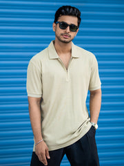 Beige Half Zipper Polo Half Sleeve T-Shirt
