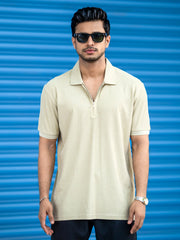 Beige Half Zipper Polo Half Sleeve T-Shirt