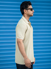 Beige Half Zipper Polo Half Sleeve T-Shirt