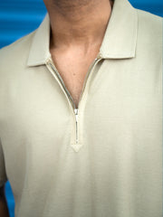 Beige Half Zipper Polo Half Sleeve T-Shirt