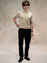 Beige Half Zipper Polo Half Sleeve T-Shirt