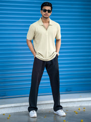 Beige Half Zipper Polo Half Sleeve T-Shirt