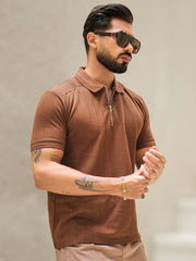 Brooklyn Shoulder Panel Brown Half Sleeve Polo T-Shirt