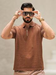 Brooklyn Shoulder Panel Brown Half Sleeve Polo T-Shirt