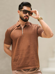 Brooklyn Shoulder Panel Brown Half Sleeve Polo T-Shirt