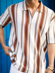 Barcode Half Zipper Brown Polo Half Sleeve T-Shirt