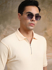 DropKnit Cream Polo Zipper Half Sleeve T-Shirt