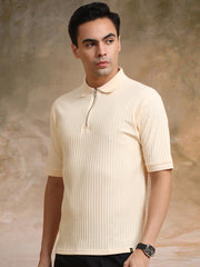 DropKnit Cream Polo Zipper Half Sleeve T-Shirt