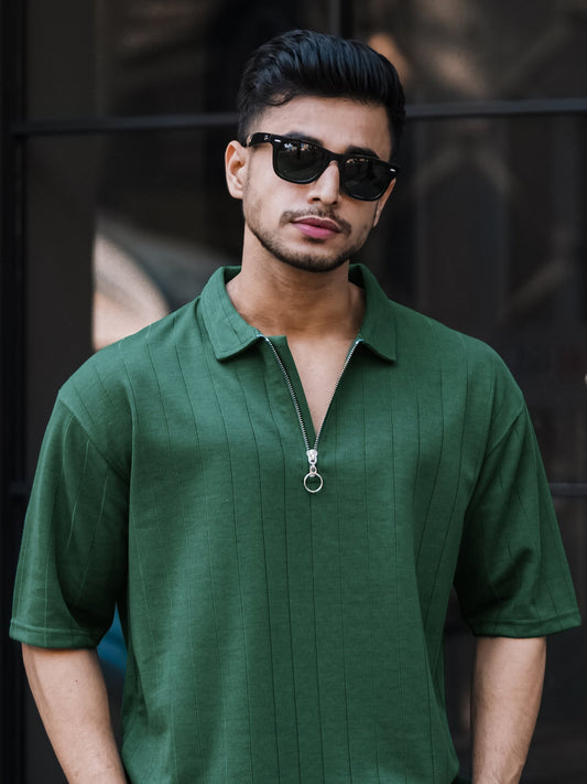 Brooklyn Half Zipper Dark Green Polo Half Sleeve T-Shirt