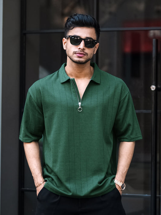 Brooklyn Half Zipper Dark Green Polo Half Sleeve T-Shirt