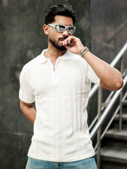 Flex Rib Half White Half Sleeve Polo T-Shirt