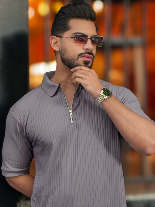 DropKnit Light Grey Polo Half Sleeve T-Shirt