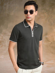 Pointel HalfZipper Olive Half Sleeve Polo T-Shirt