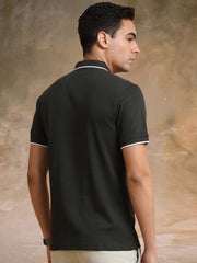 Pointel HalfZipper Olive Half Sleeve Polo T-Shirt