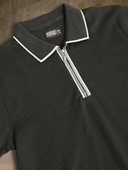 Pointel HalfZipper Olive Half Sleeve Polo T-Shirt