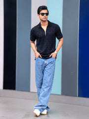 Stone Wave Black Half Sleeve Polo T-Shirt