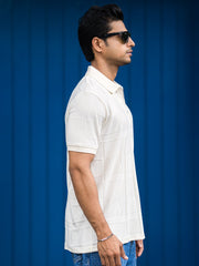 Cubic Knit Cream Half Sleeve Polo T-Shirt